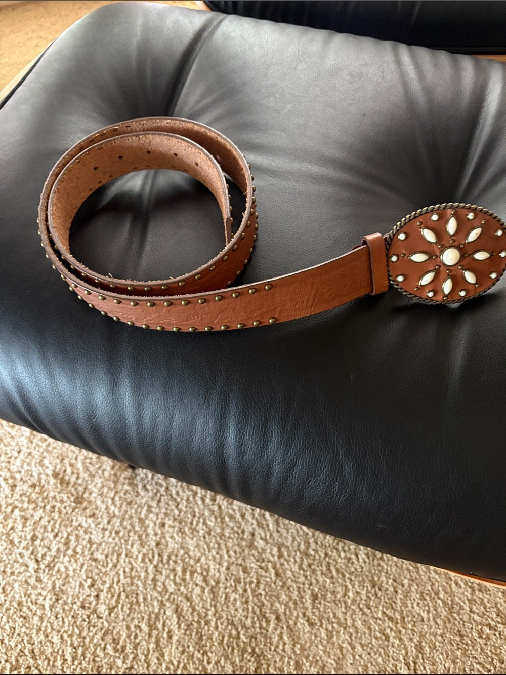 Harold's Brown Leather Belt with Decorative Oval Buckle and Cream Accents